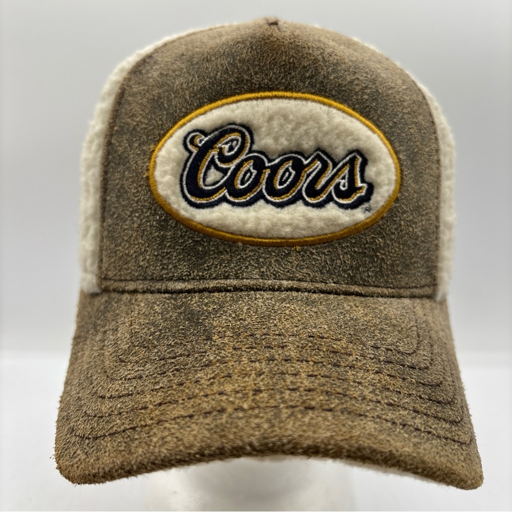 Coors Beer Men’s Leather‎ Flocked Trucker Mesh Snapback Brown Tan White Hat OSFM